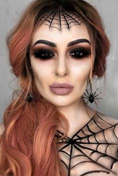 DIY Halloween Hairstyles For Long Hair ★ Halloween Spider Makeup, Diy Halloween Nail Art, Spider Lady, Spider Makeup, Halloween Make-up Looks, Halloweenský Makeup, Holloween Makeup, Halloween Hairstyles, Makeup Scary