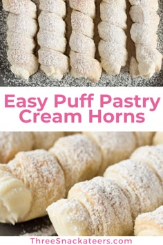 easy puff pastry cream horns with powdered sugar on top and in the background, there are other pastries