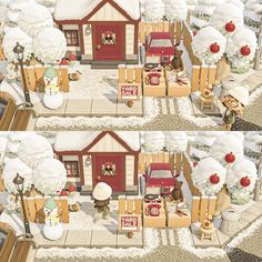 two pictures of the same house in different stages of being decorated with snow and christmas decorations