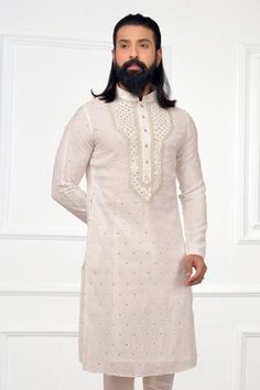 Shop for Nitesh Singh Chauhan White Chanderi Silk Embroidered Kurta Set for Men Online at Aza Fashions Silk Churidar, Mukaish Work, Kurta Set For Men, White Kurta, Luxury Sale, Embroidered Neckline, Head Accessories, Churidar, Kurta Set