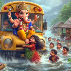 there is an elephant riding on the back of a bus with people swimming in it