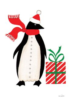 a penguin wearing a santa hat and scarf next to a present box with a red ribbon