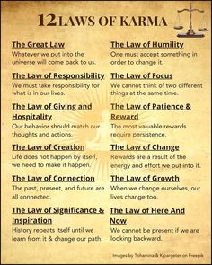 the laws of karma on parchment paper, with an image of scales and law symbols