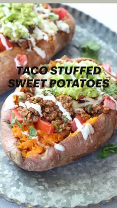 a loaded baked potato on a plate with cilantro and avocado