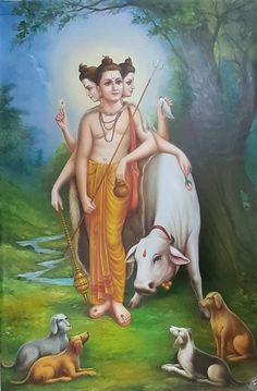 a painting of the hindu god with his cattle and two dogs in front of him