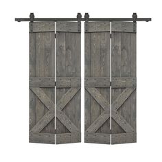 two wooden doors with metal bars on each side