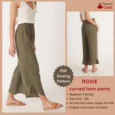 a woman in brown pants and white top with text reading roxie curved hem pants