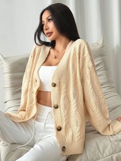 Women's Solid Color Button Front Casual Long Sleeve Cardigan Yellow Casual  Long Sleeve Knitwear Plain  Slight Stretch  Women Clothing, size features are:Bust: ,Length: ,Sleeve Length: Beige Long Sleeve Sweater Coat With Button Closure, Oversized Beige Cardigan With Button Closure, Long Sleeve Beige Cardigan With Button Closure, Beige Button-up Knit Sweater Coat, Beige Long Sleeve Cardigan With Button Closure, Casual Beige Sweater Coat With Buttons, Beige Button-up Sweater, Beige Cable Knit Button-up Cardigan, Trendy Beige Cardigan With Button Closure