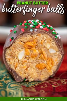 a close up of a candy bar on a table with text overlay that says butterfingering balls