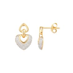 Add a sparkling touch to your outfit with these beautiful gold plated diamond heart drop earrings. Click on this JEWELRY & WATCHES GUIDE to learn about fit, styles, materials and more! FEATURES Dimensions: 19mm x 10mm Backings: push back Metal: sterling silver Plating: 14k gold Finish: polished Packaging: boxed Imported Nickel safeDIAMOND DETAILS Total weight: 1/4 ct. Color grade: I-J Clarity: I2-I3 Shape: round Setting: micro prong Diamond weights are approximate. Diamond Total Weights may vary Gold Diamond Heart Earrings For Wedding, Gold Heart Earrings With Cubic Zirconia For Formal Events, Gold Heart Earrings With Cubic Zirconia For Formal Occasions, Formal Gold Heart Earrings With Cubic Zirconia, Formal Gold Heart Cubic Zirconia Earrings, Sparkling Yellow Gold Diamond Earrings For Anniversary, Gold Double Heart Diamond Earrings, Fine Jewelry Double Heart Earrings With Diamond Accents, Gold Diamond Heart Earrings Brilliant Cut