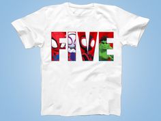 a white t - shirt with the word five printed on it, in front of a blue background