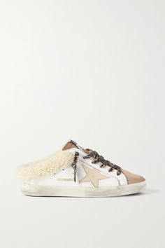 EXCLUSIVE AT NET-A-PORTER. Golden Goose's 'Superstar Sabot' sneakers are an updated take on the label's iconic style. They're made from leather and suede lined in soft cream shearling. The star appliqués, leopard-print laces and distressed rubber soles are brand signatures. Mules Outfit, Golden Goose Superstar, Leopard Print Sneakers, Golden Goose Shoes, Golden Goose Deluxe Brand, Brown Sneakers, Beige Shoes, Iconic Style, Latest Sneakers