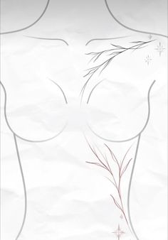 a drawing of a woman's breast with flowers on the side and snowflakes in the background