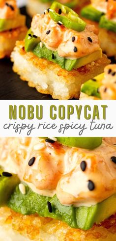 Make better-than-Nobu Crispy Rice Spicy Tuna at home! This trendy appetizer features bite-sized crispy rice topped with creamy thinly-sliced avocado, finely-chopped tuna mixed with a delicious spicy sauce, and jalapeños!Cured and canned fish options available. Nobu Recipes, Crispy Rice Spicy Tuna, Avocado Appetizer, Rice Avocado, Tuna Recipe, Crispy Rice, Egg Recipe, Spicy Tuna