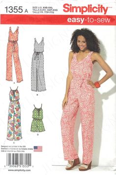 a woman wearing a jumpsuit, top and pants sewing pattern