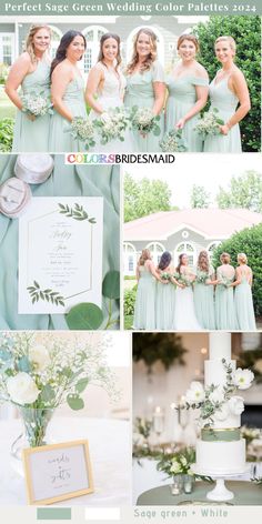 the bridesmaids are posing for pictures with their wedding cake and bouquets in front of them