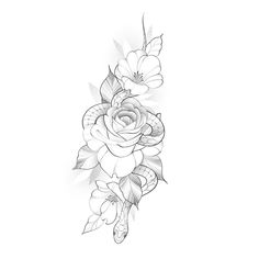 a black and white drawing of flowers with leaves on the bottom half of their arm