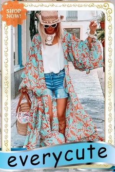 Sky Blue Boho Retro Floral Print Long Sleeve Oversized Kimono Casual Patterned Kimono For Beach Cover-up, Patterned Long Sleeve Kimono For Beach, Long Sleeve Patterned Kimono For Beach, Blue Boho Print Kimono For Spring, Blue Floral Print Long Sleeve Kimono, Bohemian Printed Blue Kimono, Blue Long Sleeve Kimono With Floral Print, Blue Long-sleeve Kimono For Summer, Blue Long Sleeve Kimono For Summer