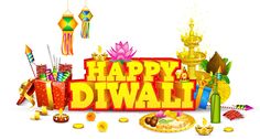 the words happy diwali are surrounded by sweets and confetti on a white background