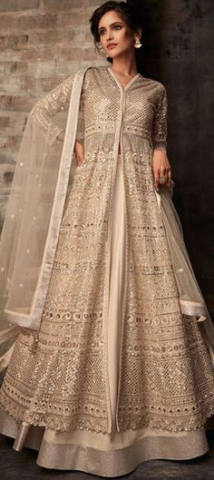 Beige and Brown color Long Lehenga Choli in Net fabric with Embroidered, Stone, Zari work Lehenga With Long Jacket, Indian Long Gowns, Peach Anarkali, Long Choli Lehenga, Lehenga Pattern, Net Gowns, Anarkali Lehenga, Designer Anarkali Suits, Nikkah Dress