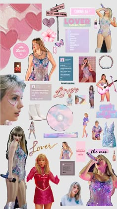 a collage of photos with various women in pink, blue and white outfits on them