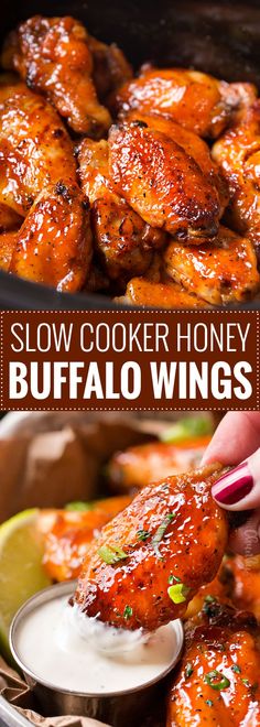 slow cooker honey buffalo wings with ranch dip in the background and text overlay that says slow cooker honey buffalo wings