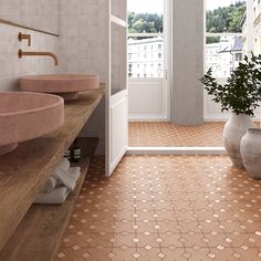 a bathroom with two sinks and a potted plant