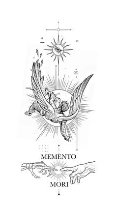 an image of a bird flying in the sky with sun above it and words that read mementoo mor us