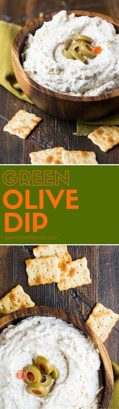 green olive dip in a wooden bowl with crackers on the side and an orange border around it