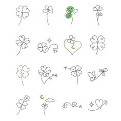 the shamrocks are drawn in different colors and shapes, including one with a heart