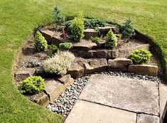 an outdoor area with rocks and plants in the center, surrounded by green lawning