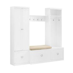 a white wardrobe with two drawers and a bench in front of the closet is shown