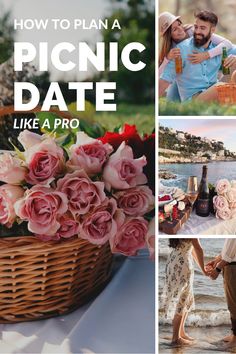 a collage of photos with the words how to plan a picnic date like a pro