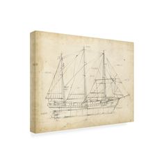 a drawing of a sailboat on parchment paper with blueprinting and some writing