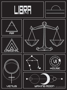 the symbols for libra are shown in black and white, including an image of a scale