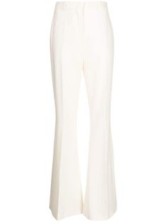 milk white flared high-waisted concealed front fastening belt loops pressed crease Cream Evening Trousers, Chic White Flare Pants, Elegant Bottoms With Flared Cuffs For Spring, Chic White Flare Bottoms, Chic Cream Pants For Evening, Chic Flared Cuff Workwear Pants, Elegant White Wide Leg Pants With Pressed Crease, Classic White Flare Bottoms, Chic Workwear Pants With Flared Cuffs