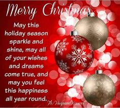 merry christmas card with three ornaments on red and white boket background, text reads'merry christmas may this holiday season sparkle and shine all of your wishes and dreams come