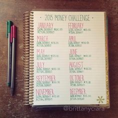 a spiral notebook with the words 2013 money challenge written on it next to a pen