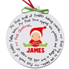 a christmas ornament with a baby's first christmas message