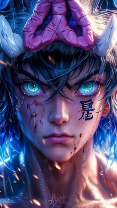 an anime character with blue eyes and horns