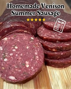 sliced salami sausage on a cutting board with the text homemade venison summer sausage