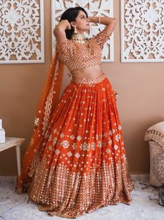 Orange Wedding Lehenga, Orange Indian Wedding, Mirrorwork Lehenga, Georgette Lengha, Indo Western Lehenga, Western Lehenga, Orange Mirror, Desi Outfits, Mirror Embroidery