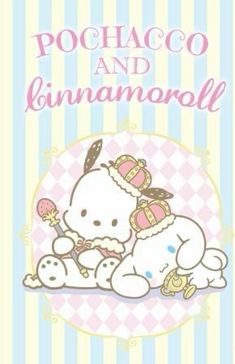 an image of a hello kitty and her baby bear with the words pochaco and finnananooll on it