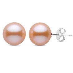 This beautiful set of 9.0-10.0 mm, natural-color pink freshwater pearl earrings features two perfectly round, lustrous AAA quality pearls, mounted on solid 14-karat posts. Jewelry Closet, Pink Stud Earrings, Peach Earrings, Freshwater Pearl Jewelry, Pink Studs, Freshwater Pearls Earrings, Gold Stud Earrings, Pink Jewelry, Round Stud Earrings