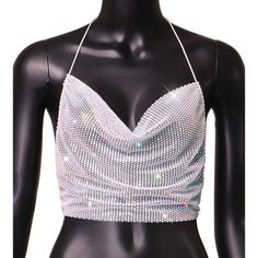 White rhinestone see through backless top. Summer Stretch Crop Top With Rhinestones, Fitted Rhinestone Tank Top, Chic Fitted Tops With Rhinestones, Fitted Tops With Rhinestones For Summer, Fitted Rhinestone Tops For Summer, Glamorous Stretch Top With Sparkling Details, Glamorous Mesh Top For Club In Spring, Glamorous Spring Mesh Top For Club, Glamorous Sparkling Stretch Top