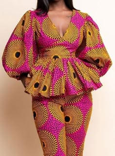 Elegant Fitted Multicolor Pants, Fitted Multicolor Peplum Set, African Pants Suit, Pant Suit For Women, Pantsuit For Women, African Pants, Women Attire, African Blouses, Pant Suits For Women