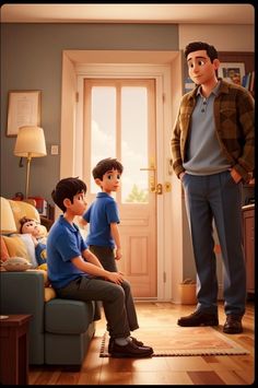 two boys sitting on a couch in front of a man standing next to another boy