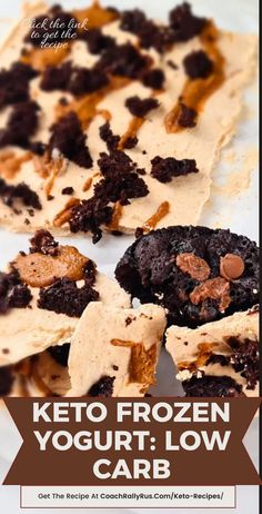 A delicious rectangular frozen yogurt bark with peanut butter and brownie toppings. This image centers around keto-friendly treats, showcasing a delightful low-carb dessert perfect for gluten-free diets.