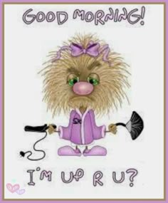 an image of a teddy bear with a hair dryer in her hand and the words good morning i'm up ru?