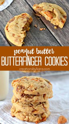 peanut butter butterfingerer cookies stacked on top of each other with the title in the middle